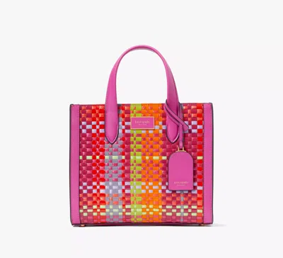 Shop Kate Spade Manhattan Madras Plaid Woven Straw Small Tote In Pink