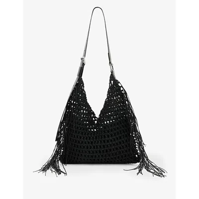 Shop Allsaints Women's Black Sabine Tassel-embellished Cotton Shoulder Bag