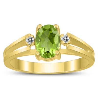 Shop Sselects 7x5mm Peridot And Diamond Open Three Stone Ring In 10k Yellow Gold