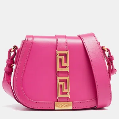 Shop Versace Leather Greca Shoulder Bag In Pink
