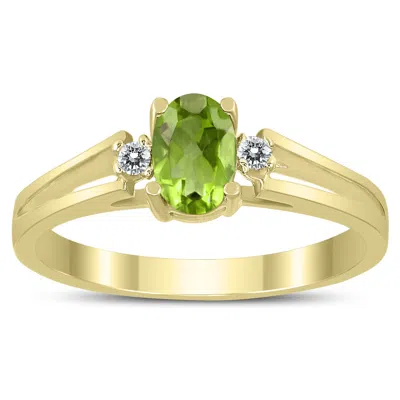Shop Sselects 6x4mm Peridot And Diamond Open Three Stone Ring In 10k Yellow Gold
