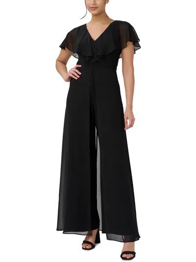 Shop Adrianna Papell Womens Chiffon Ruffle Overlay Jumpsuit In Black