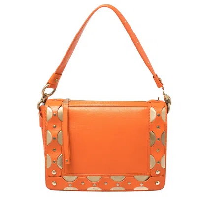 Shop Versace Leather Studded Flap Shoulder Bag In Orange