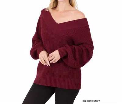 Shop Zenana Balloon Sleeve Wide V-neck Sweater In Dk Burgundy In Red