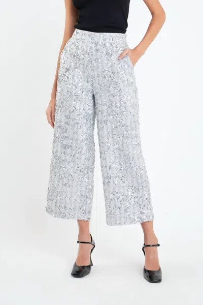 Shop English Factory Sequin Tweed Culottes Pant In Silver In Grey