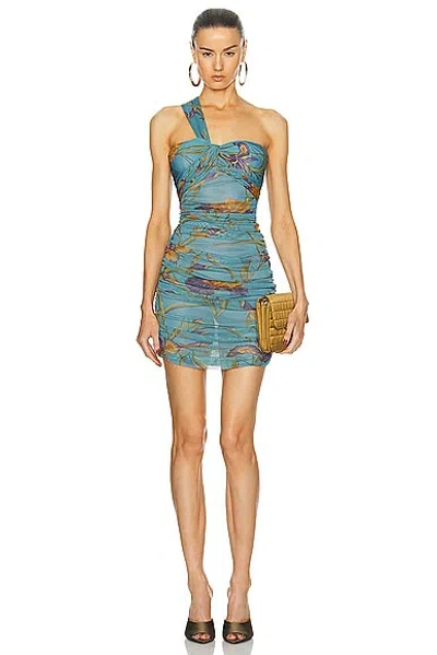 Saint Laurent Einschultriges Kleid Mit Blumen-print In Bleu Kaki