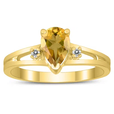 Shop Sselects 7x5mm Citrine And Diamond Pear Shaped Open Three Stone Ring In 10k Yellow Gold