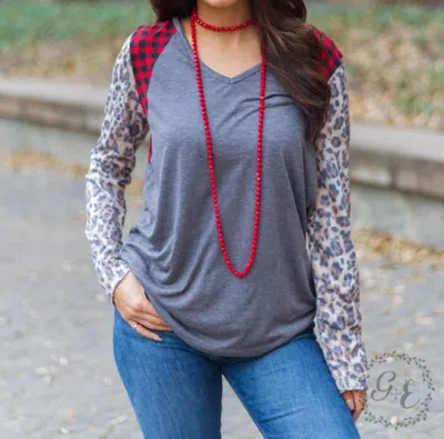 Shop Southern Grace I Will Survive V Neck With Long Sleeve Top In Buffalo Plaid In Grey