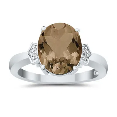 Shop Sselects Smokey Quartz And Diamond Ring In 10k White Gold