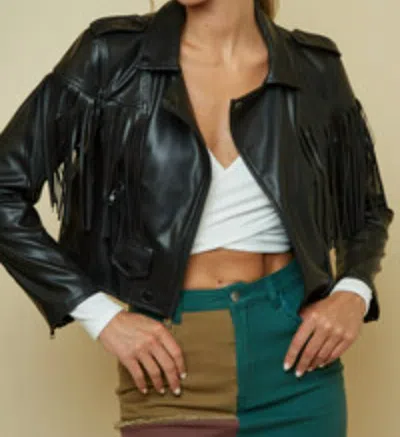 Blue Blush Fringe Faux Leather Jacket In Green