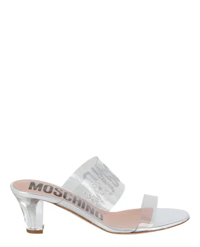 Shop Moschino Glitter Logo Heel Sandals In Multi