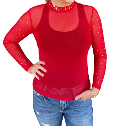 Shop Sterling Kreek Mesh Long Sleeve Top With Rhinestones In Ruby Red