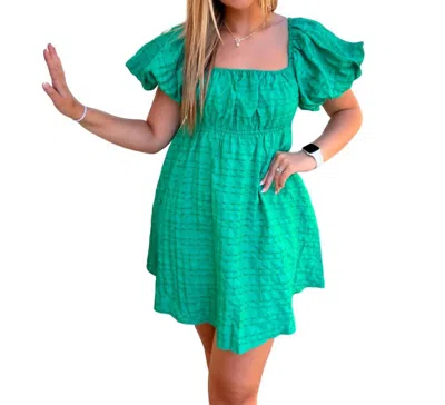 Shop Day + Moon Mackenzie Babydoll Puff Sleeve Textured Mini Dress In Green