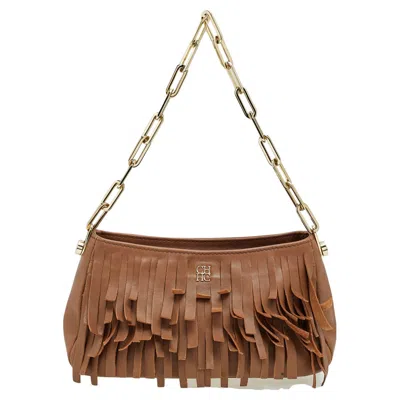 Shop Carolina Herrera Carolina Hererra Leather Fringe Chain Shoulder Bag In Brown