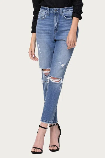Shop Flying Monkey Comfort Stretch High-rise Distressed Mom Jeans In Hollow In Blue