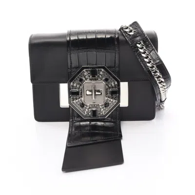 Shop Prada Chain Shoulder Bag Leather Bijou Croc Embossed In Black