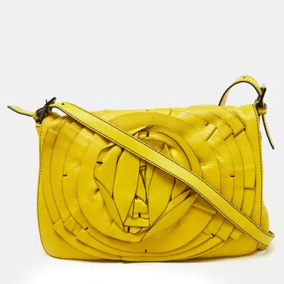 Shop Valentino Leather Petale Rose Shoulder Bag In Yellow