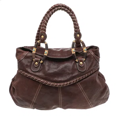 Shop Valentino Leather Braided Handle Shoulder Bag In Brown
