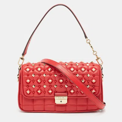 Shop Michael Kors Quilted Leather Small Studded Bradshaw Convertible Shoulder Bag In Red