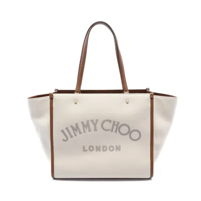 Shop Jimmy Choo Varenne Tote Bag Shoulder Bag Tote Bag Canvas Leather Ivory Light Brown In Multi