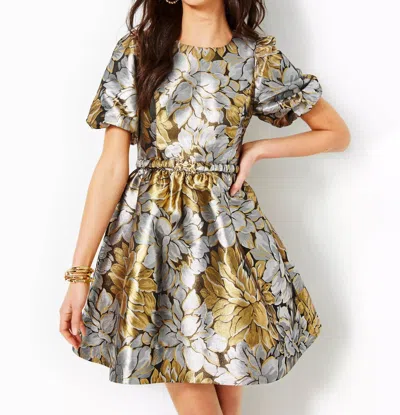 Shop Lilly Pulitzer Priyanka Short Sleeve Floral Jacquard Dress In Gold Metallic Peony Parade Brocade