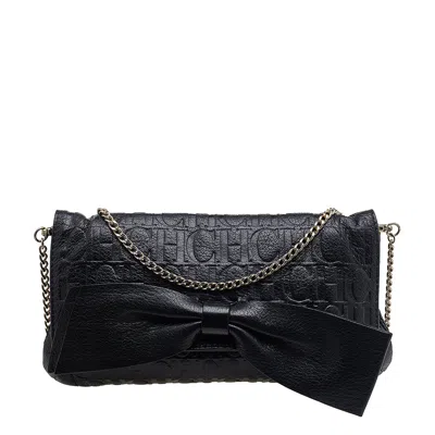 Shop Carolina Herrera Embossed Leather Audrey Bow Flap Shoulder Bag In Black