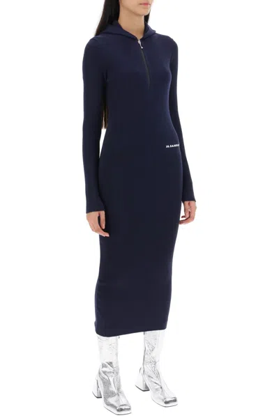 Shop Jil Sander Hooded Midi Knit Dress In Blue