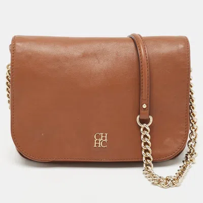 Shop Ch Carolina Herrera Monogram Leather Flap Shoulder Bag In Brown