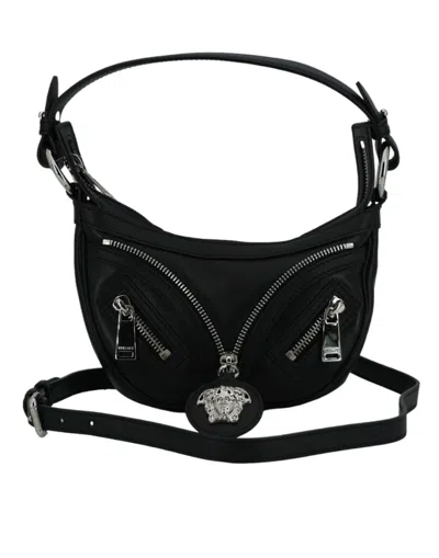 Shop Versace Calf Leather Hobo Mini Shoulder Women's Bag In Black