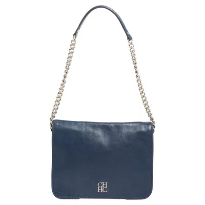 Shop Carolina Herrera Leather New Baltazar Flap Shoulder Bag In Blue