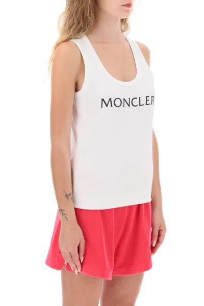 Shop Moncler Basic Logo Print Ribbed Tank Top In White