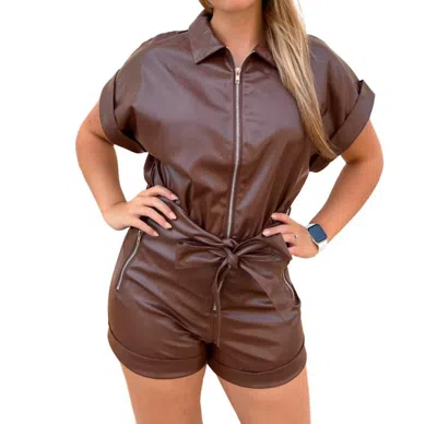 Shop Day + Moon Lexa Faux Leather Romper With Tie In Brown