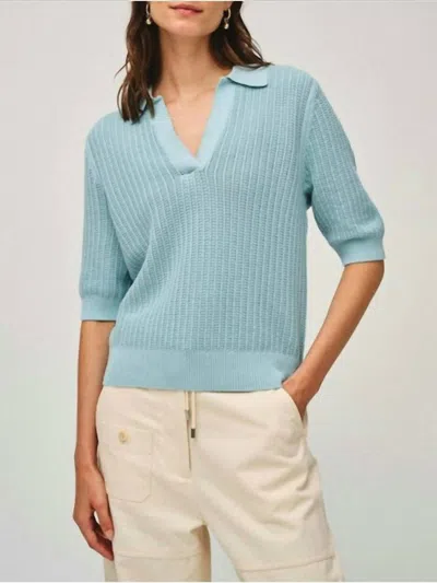Shop White + Warren Knitted Mesh Polo Top In Soft Aqua In Multi