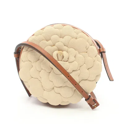 Shop Valentino Rose Edition Atelier Round Shoulder Bag Canvas Leather Beige Brown In Yellow
