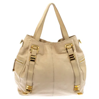 Shop Michael Kors Cream Leather Buckle Side Pocket Shoulder Bag In White