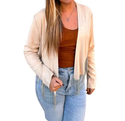 Shop Vocal Apparel Sadie Rhinestone Fringe Hem Suede Jacket In Cream In White