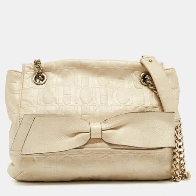 Shop Ch Carolina Herrera Beige Monogram Embossed Leather Audrey Shoulder Bag