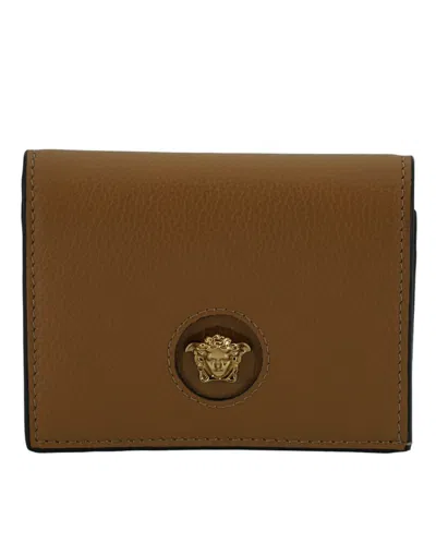 Shop Versace Calf Leather Compact Women's Wallet In Brown