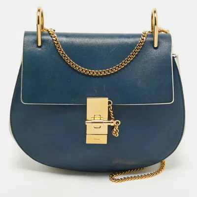 Shop Chloé Navy Blue/grey Leather Medium Drew Shoulder Bag