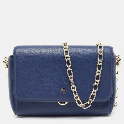 Shop Aigner Navy Leather Flap Chain Shoulder Bag In Blue