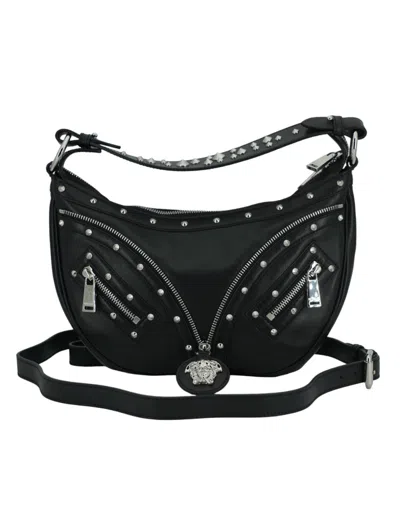 Shop Versace Calf Leather Small Hobo Shoulder Women's Bag In Black