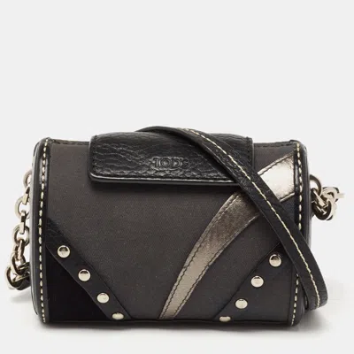 Shop Tod's Leather And Canvas Studded Flap Shoulder Bag In Black