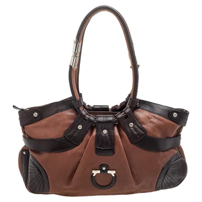 Shop Ferragamo Leather Gancini Shoulder Bag In Brown