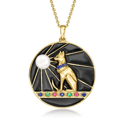 Shop Ross-simons 6mm Cultured Pearl And Multi-gemstone Egyptian Cat Goddess Pendant Necklace