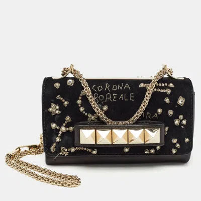 Shop Valentino Leather And Suede Embroidery Va Va Voom Chain Shoulder Bag In Black