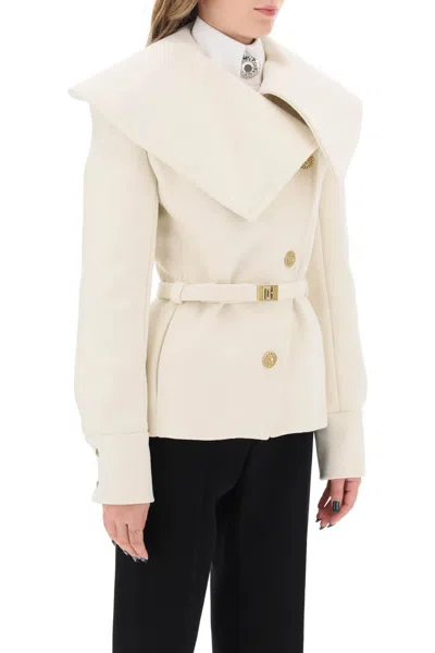 Shop Balmain Belted Double-breasted Peacoat In White