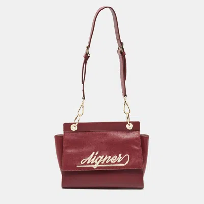 Shop Aigner Dark Leather Embroidered Logo Shoulder Bag In Red