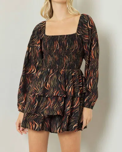 Shop Entro Square Neck Long Sleeve Tiered Romper In Black/flame Print In Grey