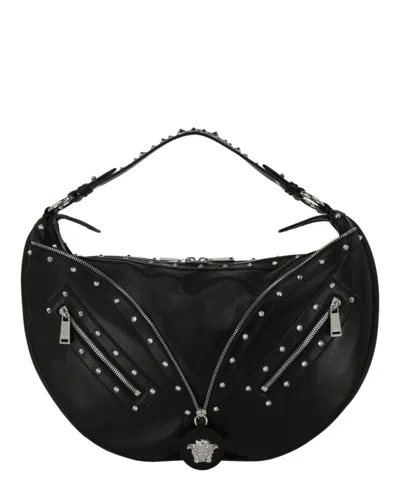 Shop Versace Leather Zipper Studded Hobo Bag In Black