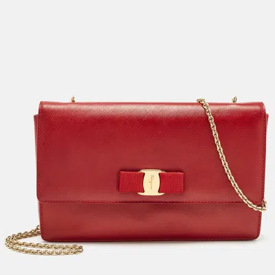 Shop Ferragamo Leather Miss Vara Shoulder Bag In Red